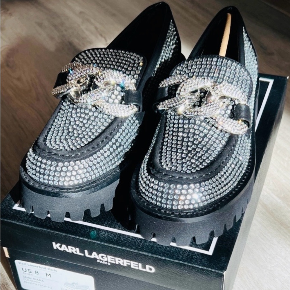 Karl Lagerfeld Black Studded Rhinestone Loafers - Picture 7 of 11